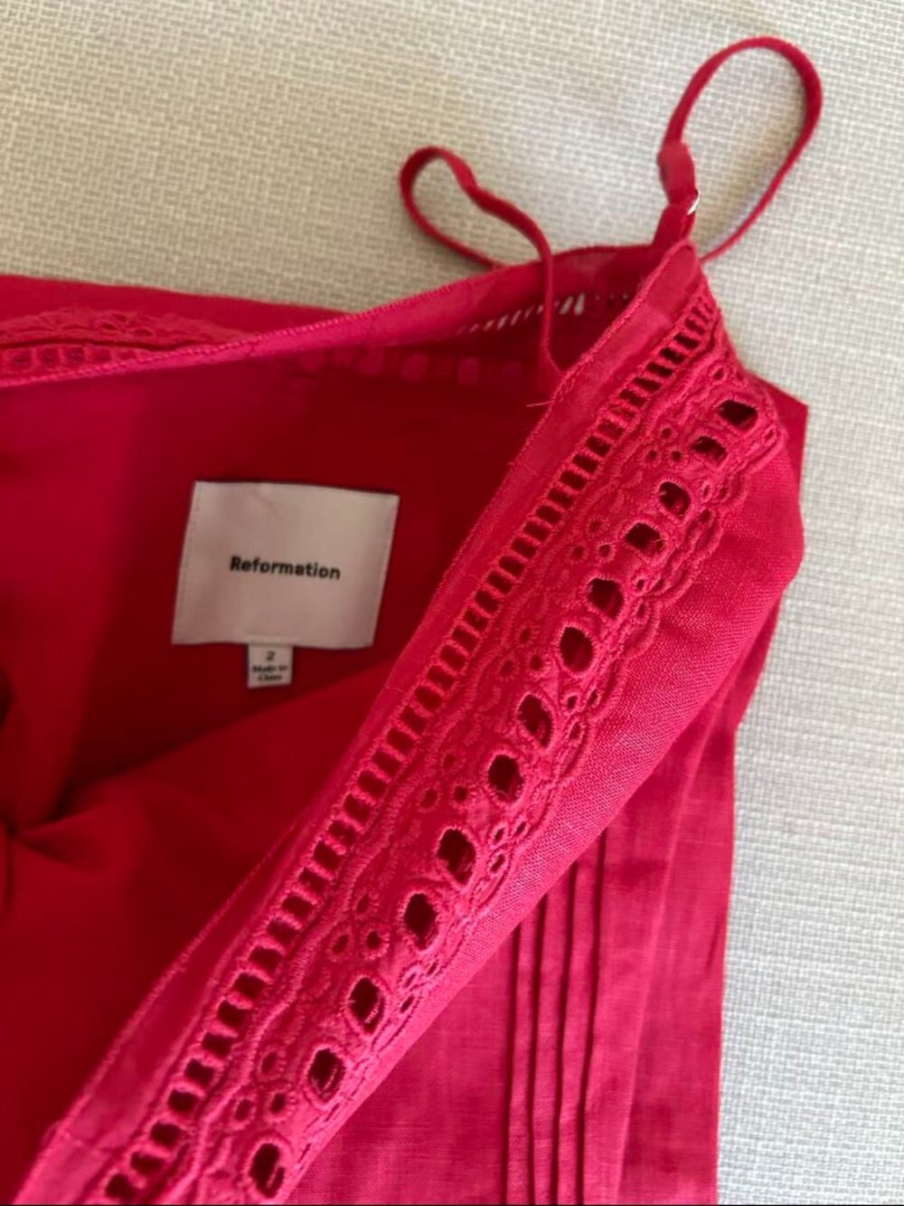 EUC Reformation Pomona Linen Midi Dress Sz2 Lipstick Red Lace Trim French Party - Picture 6 of 9